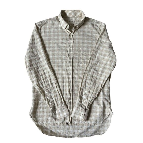Billy Reid Plaid Linen Cotton Button Front Shirt size M Slim Fit Cream Tan - Picture 1 of 7